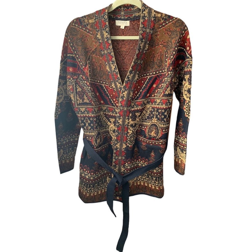 Novica Multicolor India Cardigan Front Pockets and Tie Strap Size Large